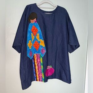 Alfredo’s Wife Southwest Denim Top Appliqued person unique art to wear